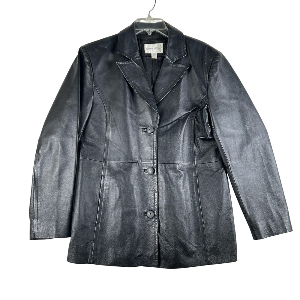 Worthington Jacket Womens Large Black Genuine Leather Longline Blazer Coat